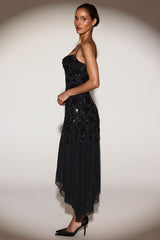Embellished Soft-Scoop Asymmetric Midaxi Dress in Black