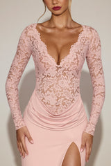 Lace Scalloped Plunge-Neck Maxi Dress in Pink