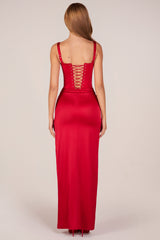 Corseted Thigh-High Split Maxi Dress in Rose Red