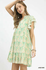 Umgee Mix Printed Flutter Sleeve Dress