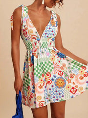 V-Neck Sleeveless Smocked Waist Printed Mini Dress
