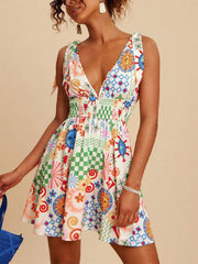 V-Neck Sleeveless Smocked Waist Printed Mini Dress
