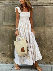 Plaid Ruffle Sleeve Maxi Dress