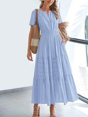 Notched Short Sleeve Tiered Dress