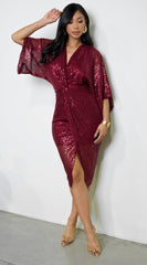 Maryla Front Twist Sequin Midi Dress - Burgundy