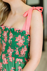 Low Effort, High Impact Tiered Dress in Green/Coral