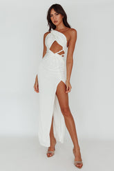 Kiah Twist Accent Thigh Split Midi Dress White