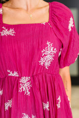 Twirl in Bloom Square Neck Dress in Hot Pink
