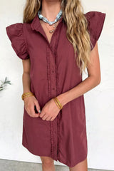 Frilled Detail Button Down Ruffle Short Sleeve Denim Mini Dress
