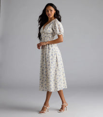 Summer Smiles Floral Puff Sleeve A-Line Midi Dress