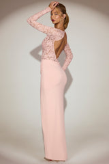 Lace Scalloped Plunge-Neck Maxi Dress in Pink
