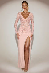 Lace Scalloped Plunge-Neck Maxi Dress in Pink