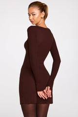 Ribbed Modal Long-Sleeve Laced Bra Mini Dress in Chocolate Brown