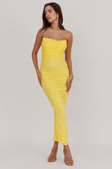 Midwest Strapless Gathered Mesh Maxi Dress Lemon