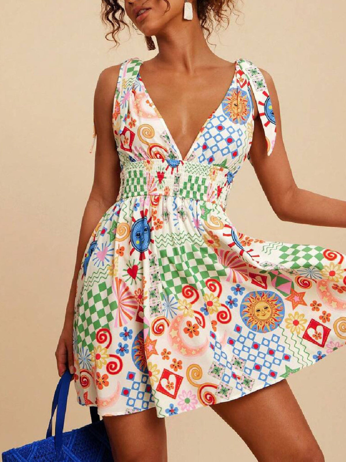 V-Neck Sleeveless Smocked Waist Printed Mini Dress