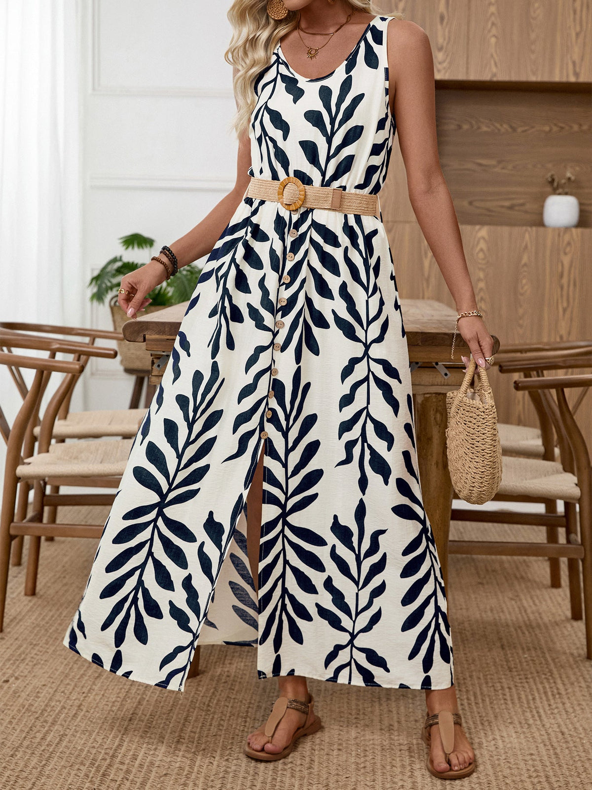 Leaf Print Sleeveless Slit Dress