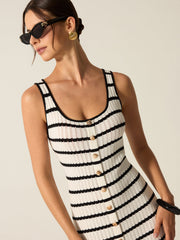 Striped Knit Midi Dress with Front Buttons and Slit Detail