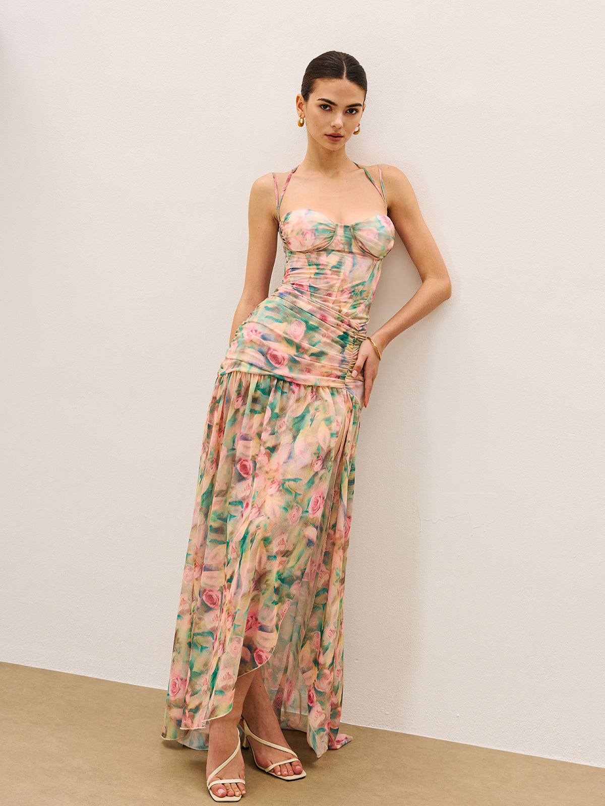 Floral Print Ruched Cami Dress With High Split
