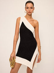 Color Block One-Shoulder Knit Dress