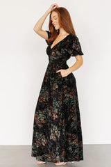 Leslie Velvet Maxi Dress | Black + Deep Jade Floral