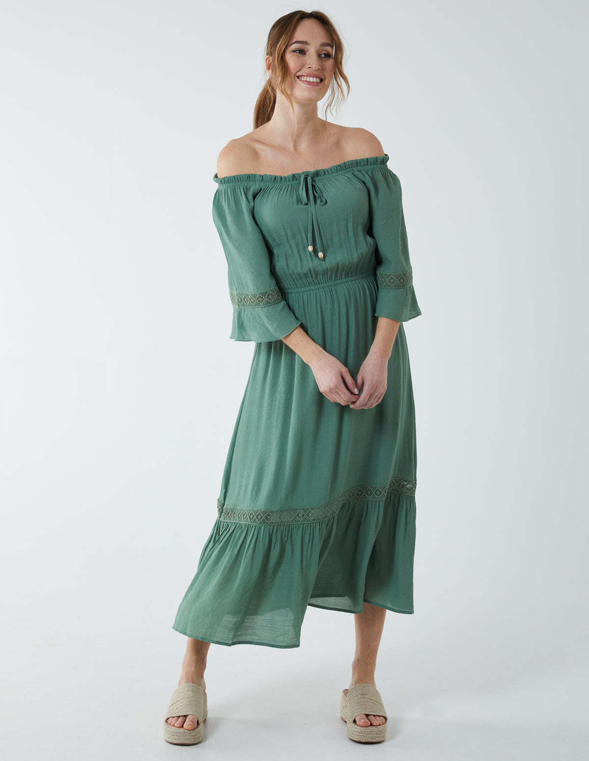 Off Shoulder Elasticated Lace Insert Midi Dress