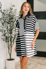 Everlasting Love Striped Collared Dress in Black and Navy