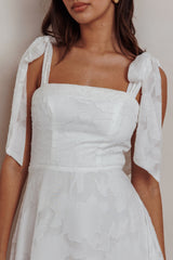 Jeanie Bow Shoulder Midi Dress Embossed White