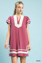 Umgee Linen Contrast Trim Short Sleeve Dress