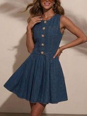Button Decor Sleeveless Denim Dress