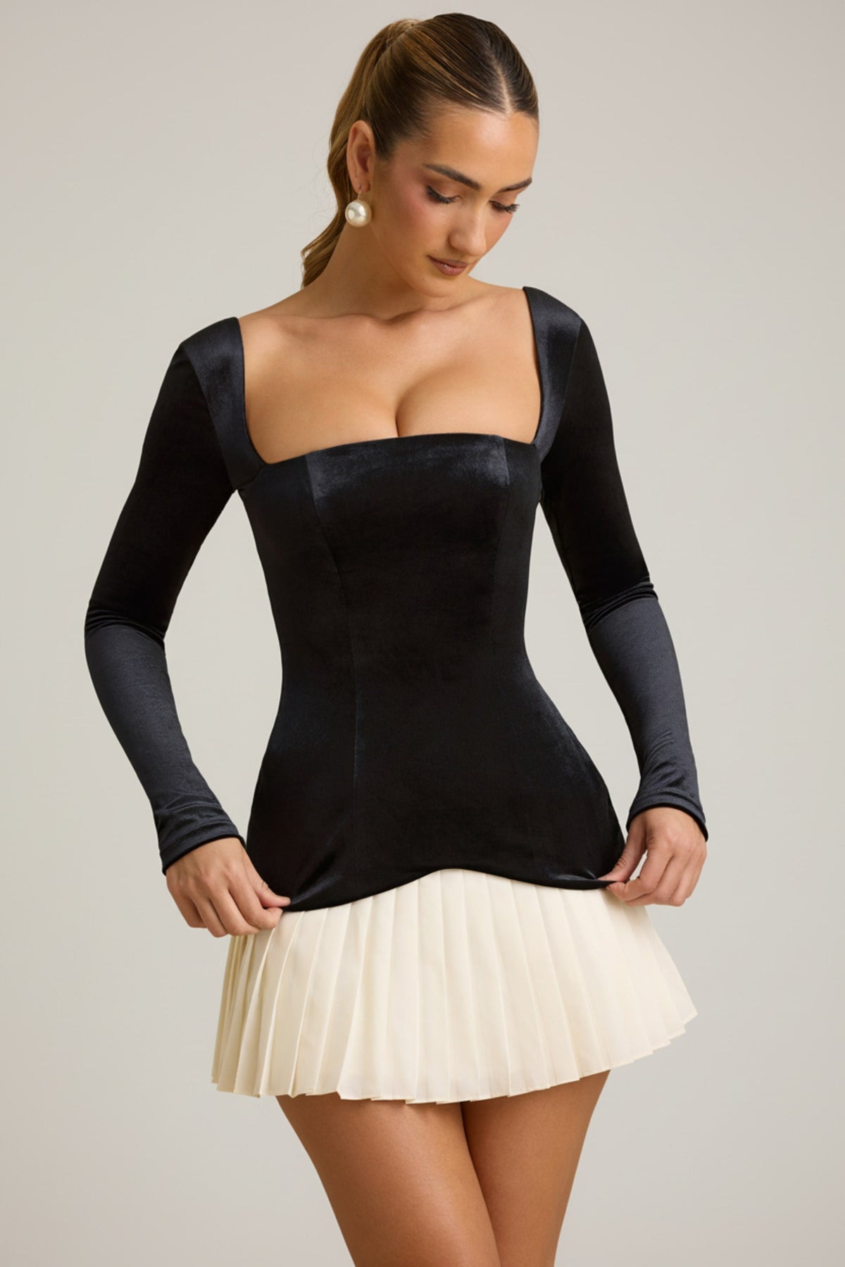 Layered Pleated Corset Mini Dress in Black