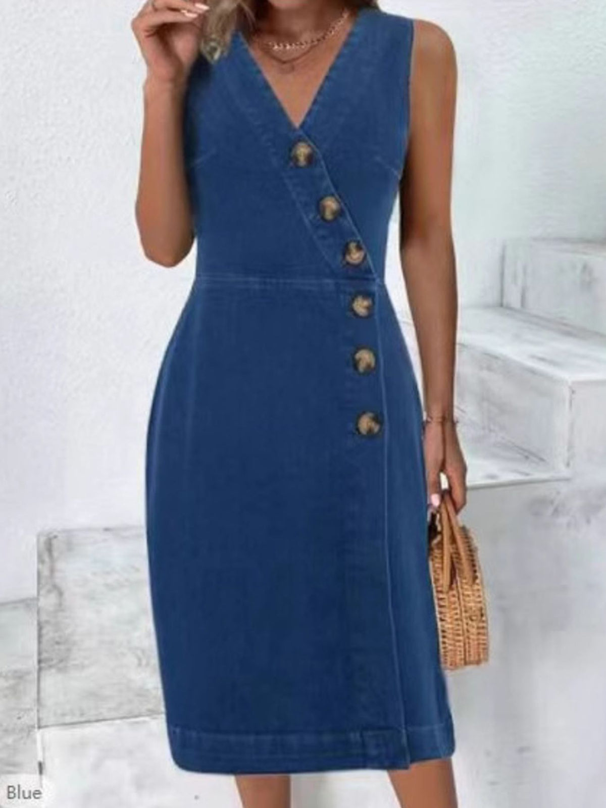 Button-Front Sleeveless Denim Dress