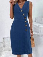 Button-Front Sleeveless Denim Dress
