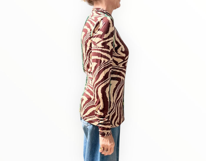 Ganni Slinky Printed Top - Brown/Beige - Size 40