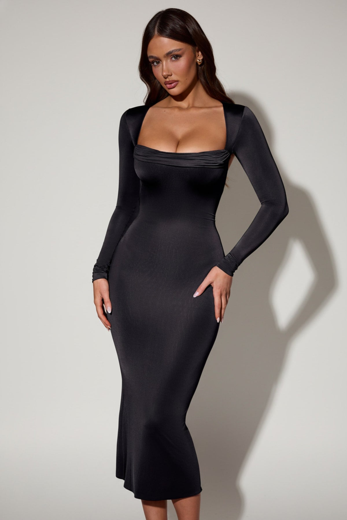 Cowl-Neck Long-Sleeve Midaxi Dress in Black
