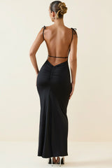 Ruched Backless Maxi Dress in Black