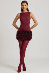 Satin Floral Appliqué Open-Back Mini Dress in Wine Red
