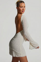 Embellished Open-Back A-Line Mini Dress in White