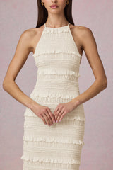 Ruffled Backless Halterneck Maxi Dress in Ivory